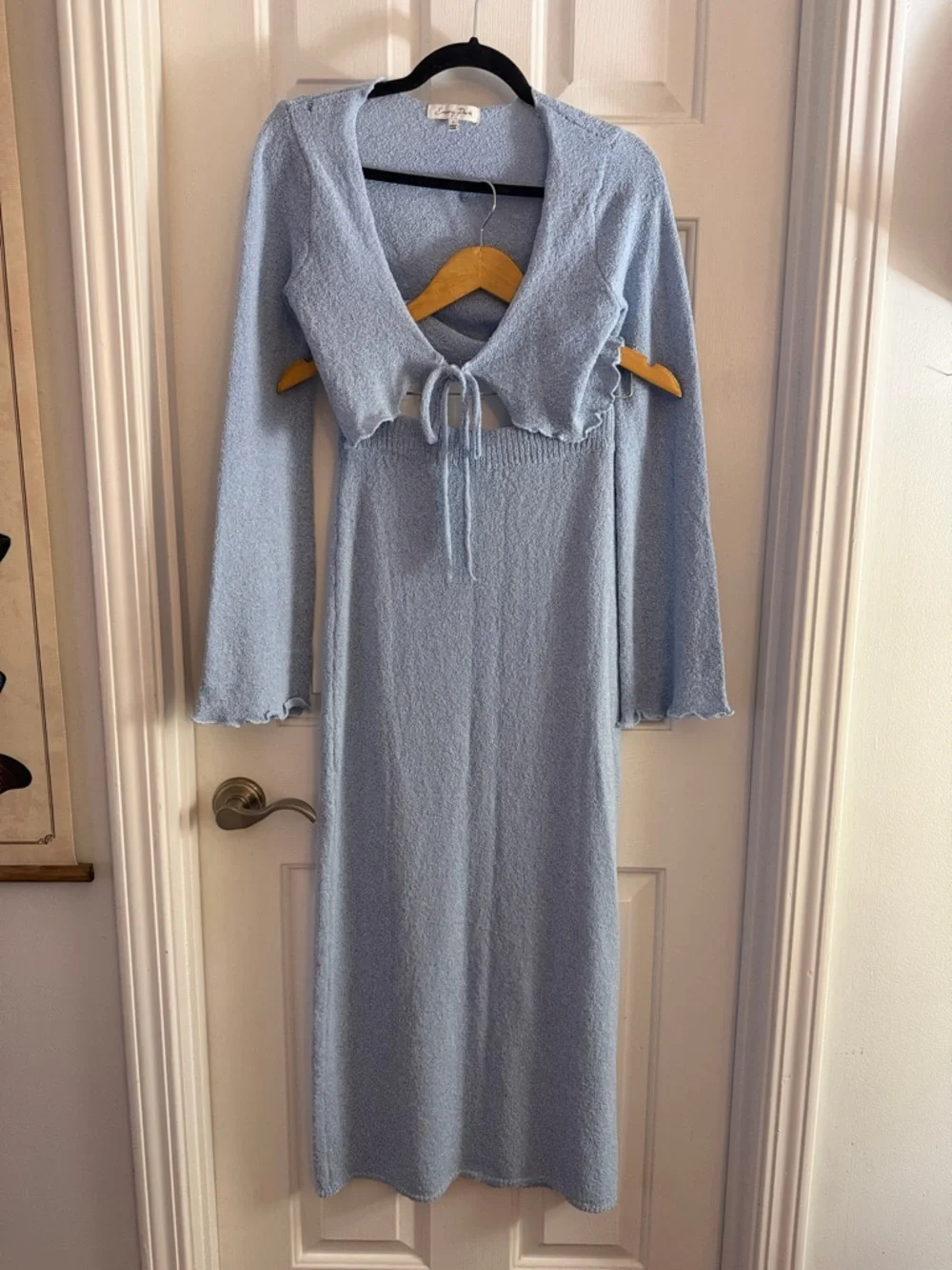 Emory park Light Blue Knit Two-Piece Skirt Set tie front bell sleeve small - Picture 3 of 5